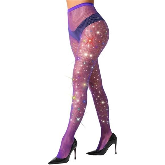 Stockings Rhinestone Fishnet Tights for Women Purple - Picture 1 of 6